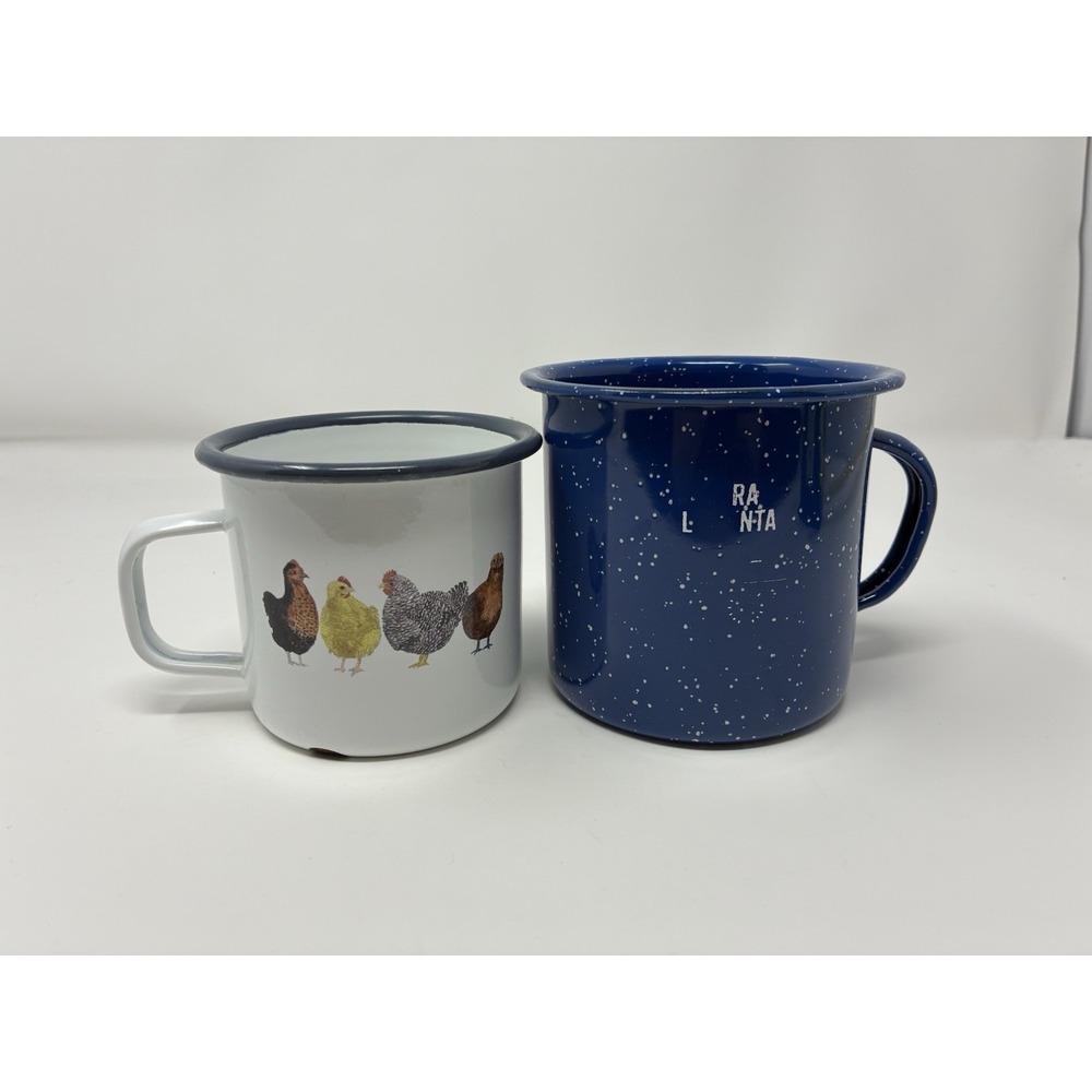 Outdoors Enamelware Mug Bundle‎ Blue Speckle & Chicken Hen Farmhouse Mugs
